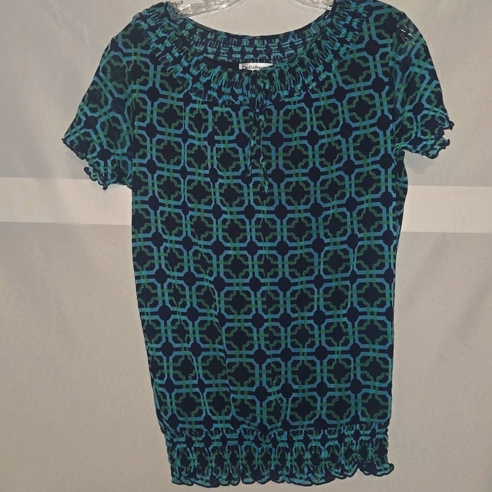 Blouse, Croft & Barrow, XS, Semi-Sheer, Cap Sleeve, Elastic Waist, Green, Blue